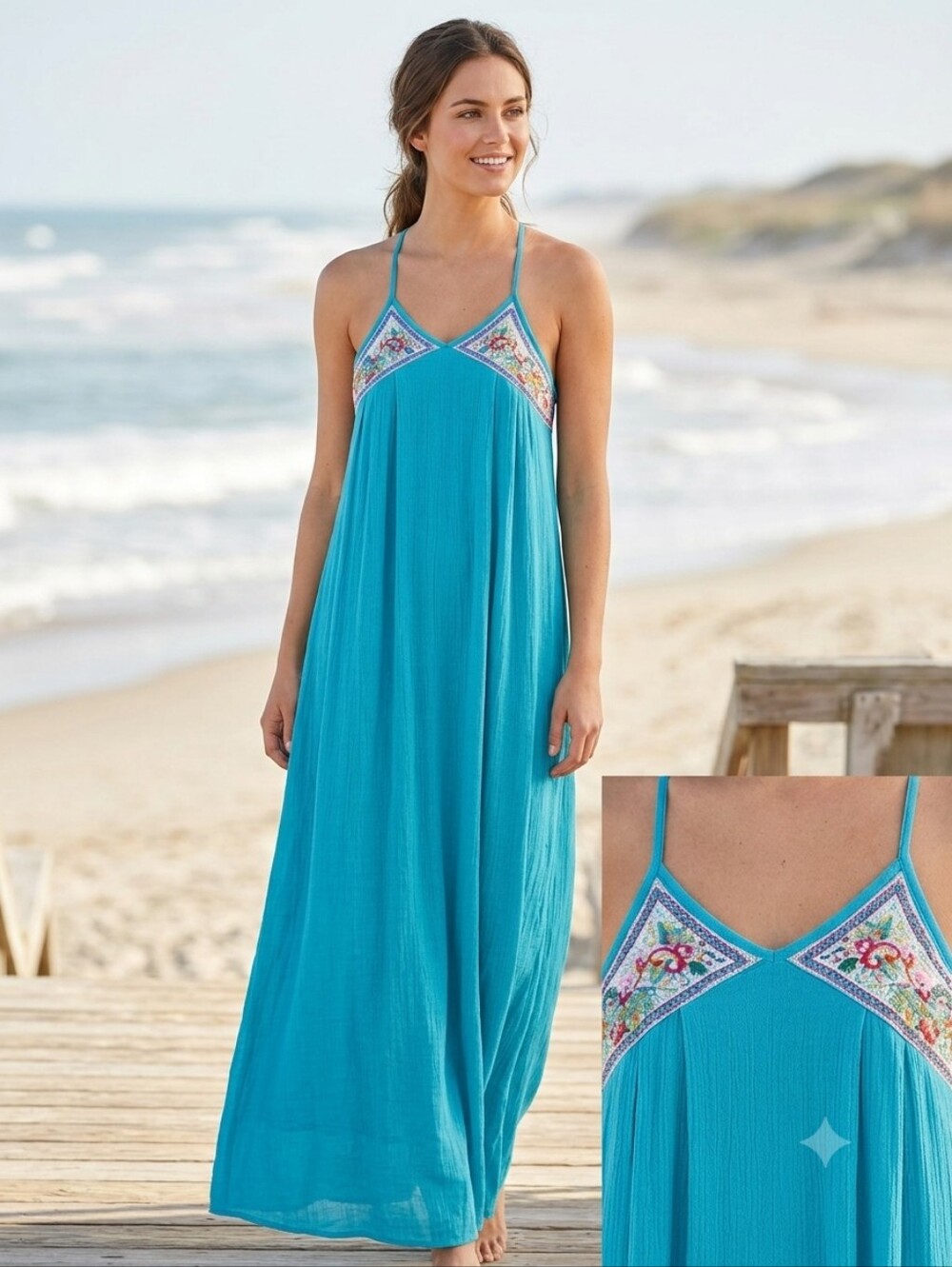 Flying Tomato Boho Floral Embroidered Halter Maxi Dress Turquoise Medium